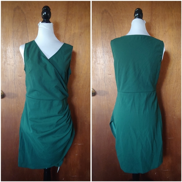 NWT Tehoao Green V Ruched Sleeveless Wrap Cocktail Bodycon Mini Midi Dress L - Picture 4 of 15